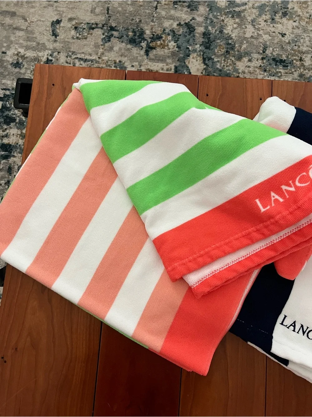 Striped Lancôme Beach Towels — Coral/Green and Navy/White—NWOT!